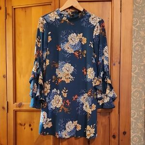 BeBop Floral Long Sleeve Dress - Hunter Green and Cream